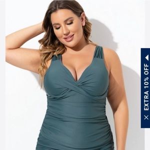 Green two piece skirted swimsuit